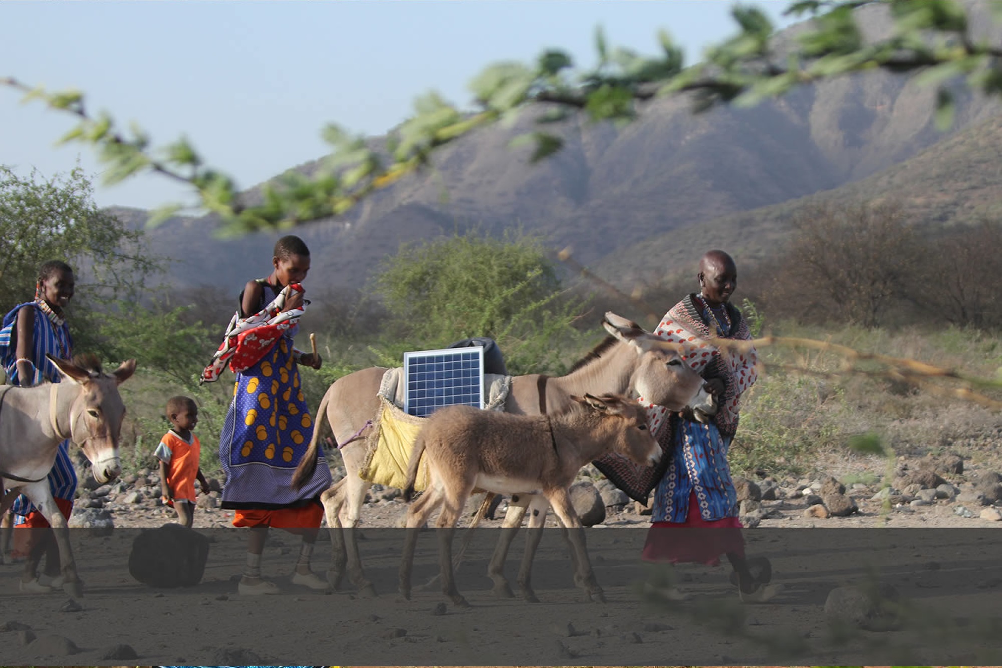 Community members carrying a solar panel across a rural landscape
